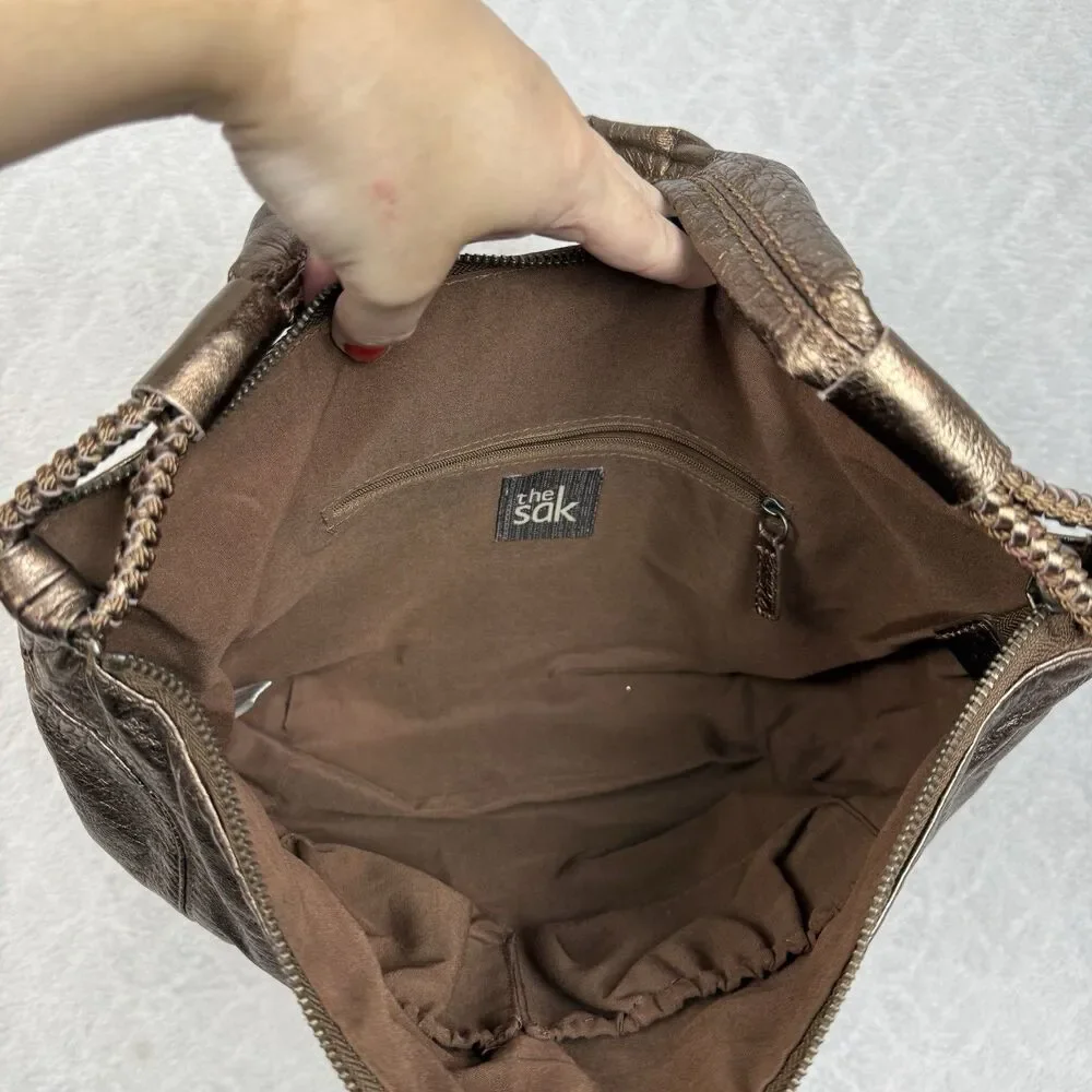 The Sak Leather Hobo Bag Metallic Bronze Brown Shoulder Purse Slouchy Boho Indie